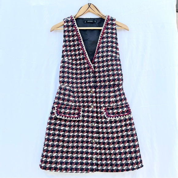 ZARA | TWEED BUTTON FRONT TEXTURED WEAVE MINI DOUBLE BREASTED VEST DRESS SMALL - Picture 3 of 6